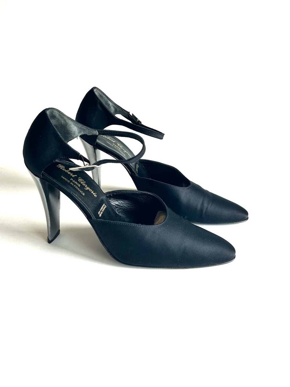Robert Glergerie Black Satin Genuine Leather Lining Ankle Strap Heels size 9.5